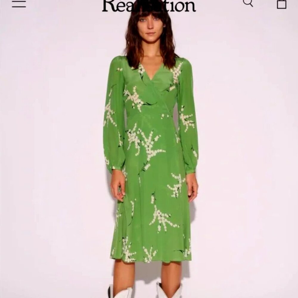 100% Silk Green Floral Wrap Dress